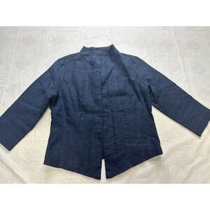 Eileen Fisher Navy Blue Linen Fitted Jacket 3/4 Sleeve Size: 8 Pleated Blazer